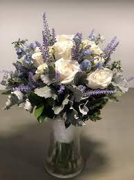 White Roses Light Blue Delphinium And Lavender Bridal Bouquet Lavender Bridal Bouquet White Rose Bouquet Lavender Wedding Colors