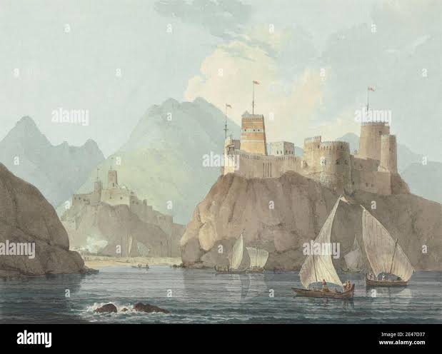 East View of the Forts Jellali and Merani, Muskat, Thomas Daniell, 1749–1840, British, active in India, William Daniell, 1769–1837, British, Formerly attributed to Samuel Davis, 1757–1819, British, 1793, Watercolor, brown ink, black