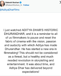 title Rakesh Roshan hails 'Dhurandhar 2' as a cinematic revolution 🎬  Veteran filmmaker Rakesh Roshan praised Aditya Dhar's Dhurandhar 2 on X  (Twitter), calling it “historic” and a signal of a new