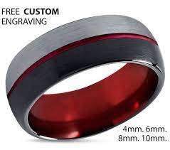 Mens Wedding Band Red Black Tungsten Ring Brushed Silver Etsy Silver Wedding Rings Mens Wedding Bands Black Tungsten Rings