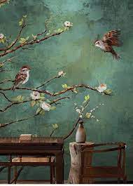 Vintage Dark Birds And Flowers Wallpaper Nature Wall Mural Floral Wall Art Wall Decal Dark Green Wall Sticke Floral Wall Art Dark Green Walls Mural Wallpaper