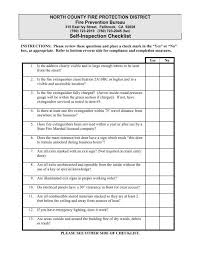 A brief fire extinguisher inspection checklist form designed for monthly evaluation of fire extinguishers. Business Self Inspection Checklist North County Fire Protection