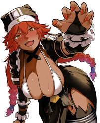 1girls :d bakkanki bikini black gloves black thighhighs blush  braid breasts cleavage dark-skinned female dark skin elbow gloves fangs  frills garter straps gloves hat long hair looking at viewer