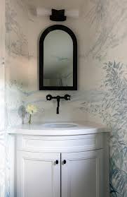 Black powder room with interior wallpaper and specialty door. French Style Hand Painted Wallpaper In Small Powder Room French Bathroom