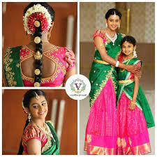 Green And Pink Is Lovely Combination For Traditional Langa Voni Beautiful Pink Color Benaras Lehen Half Saree Designs Half Saree Lehenga Kids Designer Dresses Check out these latest collection of party wear lehenga half saree langa voni or parikini designs by fashion designer bavana fashion passion. half saree lehenga
