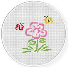Counted cross stitch with light blue, purple, pink colors. A Flower And Butterflies Cross Stitch Pattern Daily Cross Stitch
