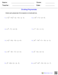 The numbers for each divisor and quotient may be individually varied to generate different sets of division problems. Algebra 1 Worksheets Monomials And Polynomials Worksheets