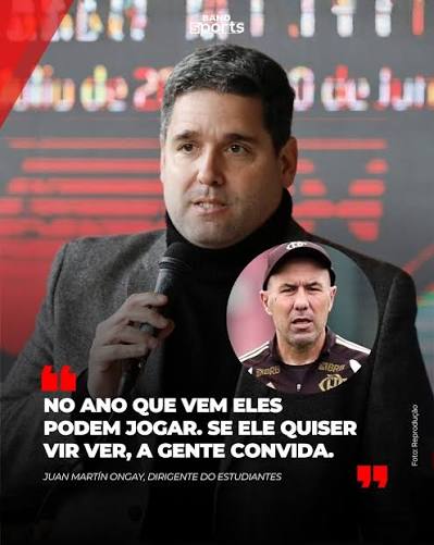 TIROU ONDA! 👀 Secret&aacute;rio de finan&ccedil;as do Estudiantes, Juan Mart&iacute;n Ongay ironizou a fala do t&eacute;cnico Leonardo Jardim sobre ser poss&iacute;vel o Flamengo jogar a final da Libertadores. #BandSports #Flamengo #