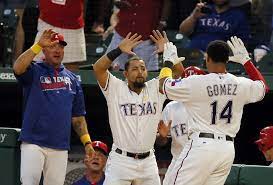 Jeff Banister And Rougned Odor Celebrate With Carlos Gomez After Gomez And Jonathan Lucroy Scored On A Throwi Texas Rangers Baseball Rougned Odor Texas Rangers