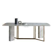 Real wood dining room table, sturdy black metal legs, modern design. Metal Frame White Marble Dining Table