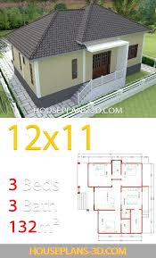 Home design 12x11 with 3 Bedrooms Hip roof 