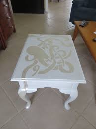 Octopus Table I Took An Old Coffee Table Sanded It Primed And Painted It White Then I Googled Octopus Stencil And Recrea Old Coffee Tables Shelf Paper Table
