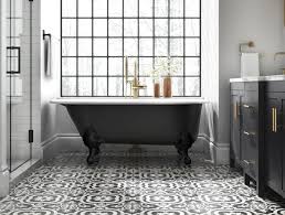 Grey cabinetry follows the floor colouring, as black and wood adorn benches, lights and a smeg. Bathroom Tile And Trends At Lowe S