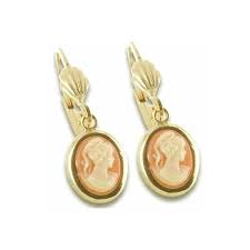Argent 925/000 et nacre sculptée. Paire De Boucles D Oreilles Plaque Or Avec Camees Rouge