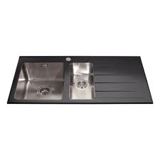 This is an undermount single bowl choice of sinks which offers a tall apron. Cda Kvl02bl 1 5 Bowl Black Glass Stainless Steel Kitchen Sink Rh Drainer Glass Sinks From Taps Uk