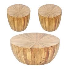 Brown, wood, drum tables : Solid Wood Drum Side Table Mango Wood Round Accent Table Accent Table Loomlan India