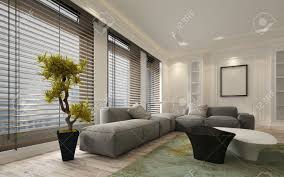 Led deckenleuchte wohnzimmer lampen dimmbar deckenlampe. Fancy Wohnung Wohnzimmer Zwischen Mit Grossen Boden Bis Zur Decke Fenster Jalousien Und Weichen Grauen Modulsofa Inklusive Leere Wande Und Bilderrahmen Mit Kopie Raum 3d Rendering Lizenzfreie Fotos Bilder Und Stock Fotografie Image