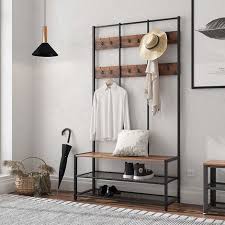Vasagle Grand Porte Manteaux De Style Industriel Avec Banc A Chaussures Meuble D Entree Vestiaire 12 Crochets Etagere A Chaussures Armature En Fer Rigide Arbres Couloir Meuble Entree Stockage D Entree