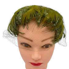 Vintage 1960s Womens Headband Hat Topper Feathers Velvet Netting Mossy  Green