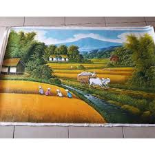 Pemandangan ini menggambarkan di mana orang kampung di pagi hari yang melakukan aktivitas seperti biasanya. Lukisan Pemandangan Sawah Lukisan Pemandangan Gunung Lukusan Kanvas Dekorasi Rumah Hiasan Dinding Shopee Indonesia