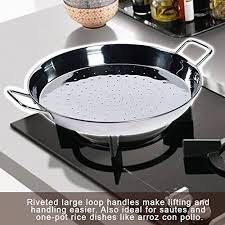 16 Inch Stainless Steel Frying Pan Paella Pan With 2 Sides Handles Wide And Shallow Dimpled Surface And Flared Sides That Cook No Cook Meals Paella Pan Cooking