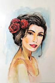 The Woman Painting Art, Handwritten Original Gift, Flowers Woman Portrait  Art