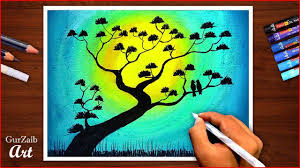 Drawing a scenery of sunset step by step. Flowers Tree Drawing With Oil Pastels Nature Scenery Tutorial Easy Colorful Drawings Oil Pastel Tree Drawing