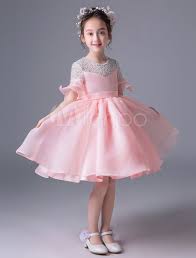Flower Girl Dresses Pink Short Tutu Dress Bell Sleeve Bows Knee Length Beaded Kids Princess Party Dresses Satin Flower Girl Dress Pink Flower Girl Dresses Girls Pink Dress