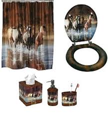 Five Piece Horse Themed Rush Hour Western Bathroom Set Visit Our Website At Www Crystalcreekdecor Co Western Bathrooms Western Bathroom Decor Horse Decor