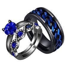 Gold Plated Engagement Ring Set Blue Ring Free Engraving Black Wedding Rings Black Rings Blue Wedding Rings