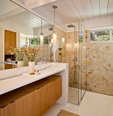 This relaxing blend of muted tones in linear glass tile by dal tile creates a calming backsplash. 20 Stylish Mid Century Modern Bathroom Designs For A Vintage Look