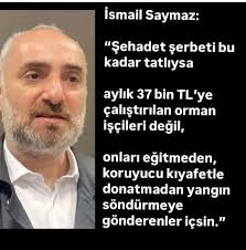 İsmail Saymaz: "Şehadet şerbeti bu kadar tatlıysa aylık 37 bin TL'ye  çalıştırılan orman işçileri değil, onları eğitmeden, koruyucu kıyafetle  donatmadan yangın söndürmeye gönderenler içsin."