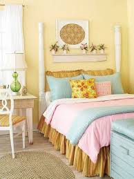 Tween Girl Bedroom Ideas With Yellow Wall And Striped Bedding And Pink Blue Covers Decorating Tween Girl Bed Tween Girl Bedroom Home Goods Decor Stylish Beds