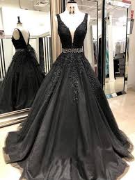 Black V Neck Lace Appliques A Line Prom Dresses Beaded Prom Dresses Black Lace Prom Dress Prom Dresses Lace Black Prom Dresses