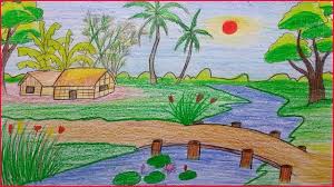 Scenery Drawing 242860 Beautiful Drawings Village Beautiful Pastel Easy Nature Drawings Nature Sketch Nature Drawing I used crown oil pastels & staedtler colour pencil in this drawing.