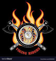 Emblem Of The Motorcycle Club Motorcycle Wheel Fire And The Crossed Axes Of The Vikings Isolated On Black Vector Motorcycle Wheels Motorcycle Clubs Emblems