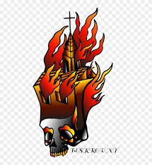 An artist is applying a tattoo to his client's arm. Oldschool Religion Skull Church Fire Tattoo Tatooink Illustration Free Transparent Png Clipart Images Download