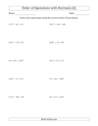 The Order Of Operations With Positive Decimals Three Steps A Math Worksheet From The Decimals Worksheets Pa Order Of Operations Integers Algebra Worksheets