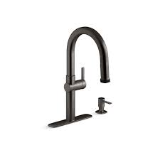 I've picked out a faucet i really like on overstock.com. Kohler Rune Single Handle Pull Down Sprayer Kitchen Faucet In Black Stainless K R22153 Sd Bls The Home Depot