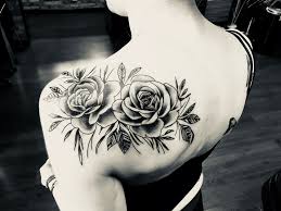 The beauty of a rose shoulder tattoo that is placed on the back is that it gives you options to easily display it or cover it as needed. Rose Shoulder Tattoo In Black Shading Roseshouldertattoos Rose Shoulder Tattoo Floral Tattoo Shoulder Shoulder Tattoos For Women