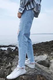 Men S Street Style Knee Cut Raw Hem Casual Light Blue Ripped Jeans With Holes Takeluckhome Com