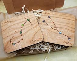 Personalised Zodiac Constellation Coasters, Wooden Star Signs With Shiny  Abalone or Mother of Pearl Stars