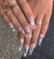 See Through Nails With Louis Vuitton Nail Art Omg Nailart Naildesigns Seethroughnails Long Acrylic Nails Coffin Nails Designs Clear Acrylic Nails
