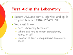 The first aid box usually contains a fire extinguisher, fire blanket, bandages, and medicines, etc. Safety In The Laboratory Ppt Download