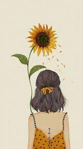 Girl With Black Hair Yellowe Dress Holding A Sunflower Flower Doodles White Background Drawing Wallpaper Flower Drawing Art Wallpaper