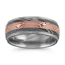 Contemporary Damascus Steel Ring 8mm Damascus Steel Ring Steel Ring Rose Gold Accents