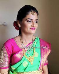 South Indian Bride Kannada Bride Silk Saree Green Saree Red Lips Eye Makeup Bridal Hair Ind South Indian Bride Indian Bridal Makeup Saree Blouse Designs