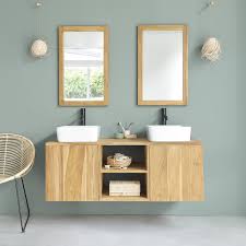 1 plan double vasque en résine blanche. Meuble De Salle De Bain En Bois De Teck Suspendu 135 Mobilier De Salle De Bain Bdbd