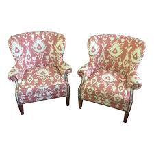 Coral Ikat Wingback Accent Chairs A Pair Chairish Accent Chairs Wingback Accent Chair Chair