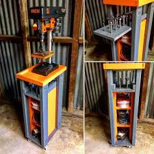 Rolling Drill Press Cart With Additional Storage For Power Sanders And Pull Out Forstner Bit Storage Woodworking Projects Diy Woodworking Bench Drill Press